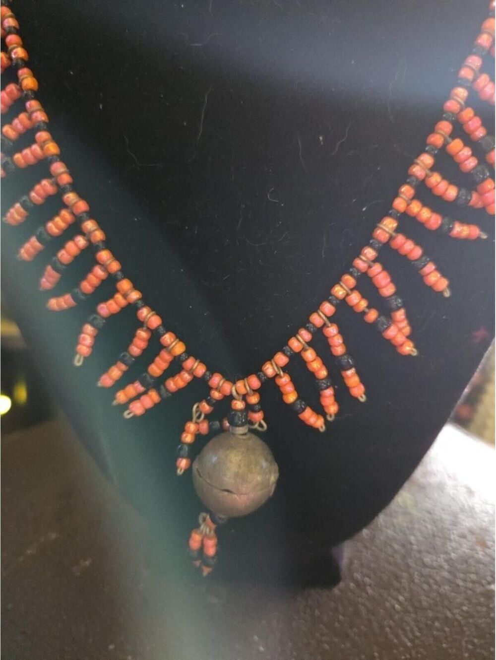 Collectible Stunning Necklace Orange/Red & Black Beads Metal Ball Pendant